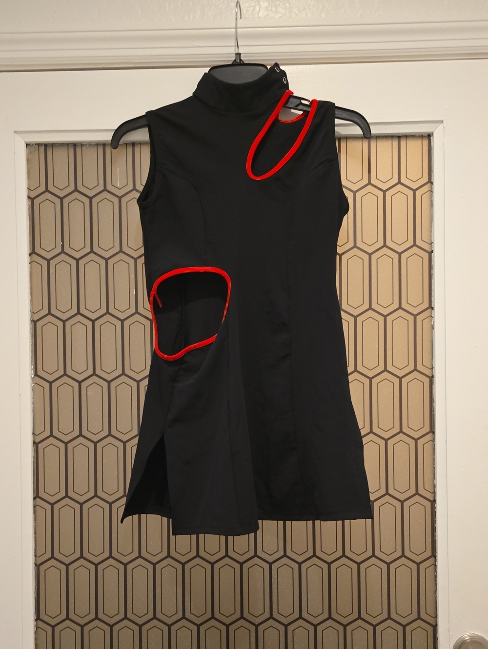 Black Dress with Red Trim Cutout Detail